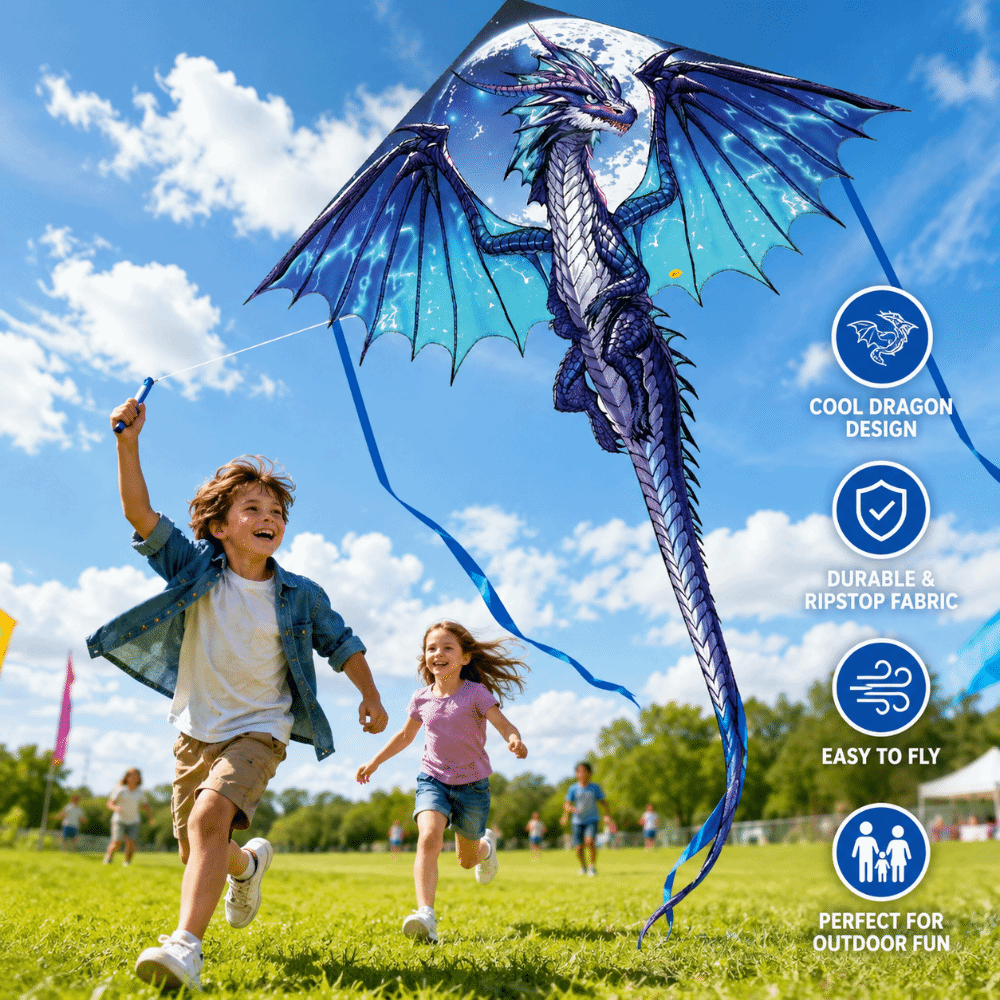 Kite Easy Fly Kids - Cerf-volant serpent bleu Dragon avec ligne
